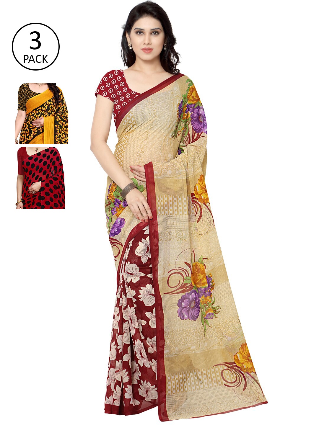 

KALINI Pack Of 3 Poly Georgette Printed Sarees, Red