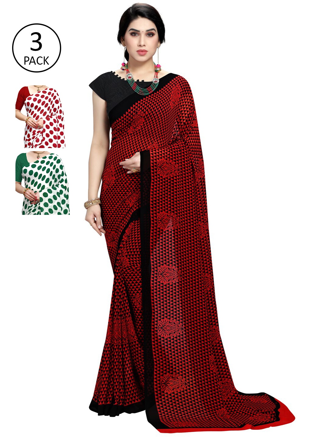 

KALINI Pack Of 3 Poly Georgette Printed Sarees, White