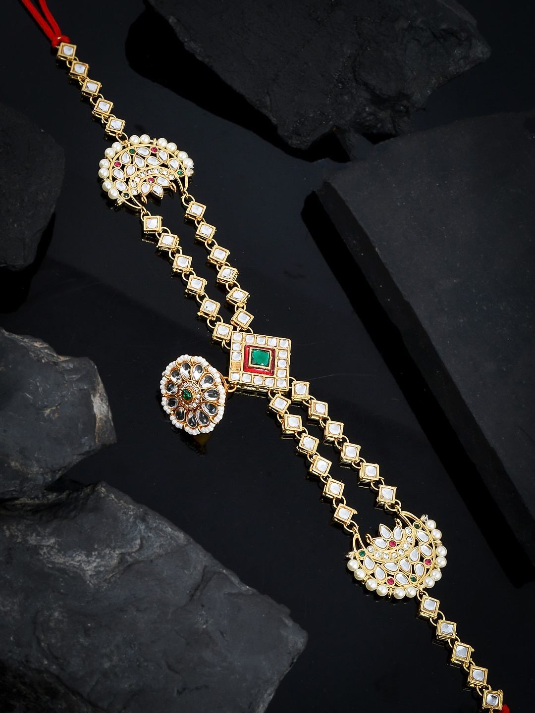

Silvermerc Designs Gold-Plated White & Green Kundan-Studded & Pearl Beaded Mehri Mathapatti Borla