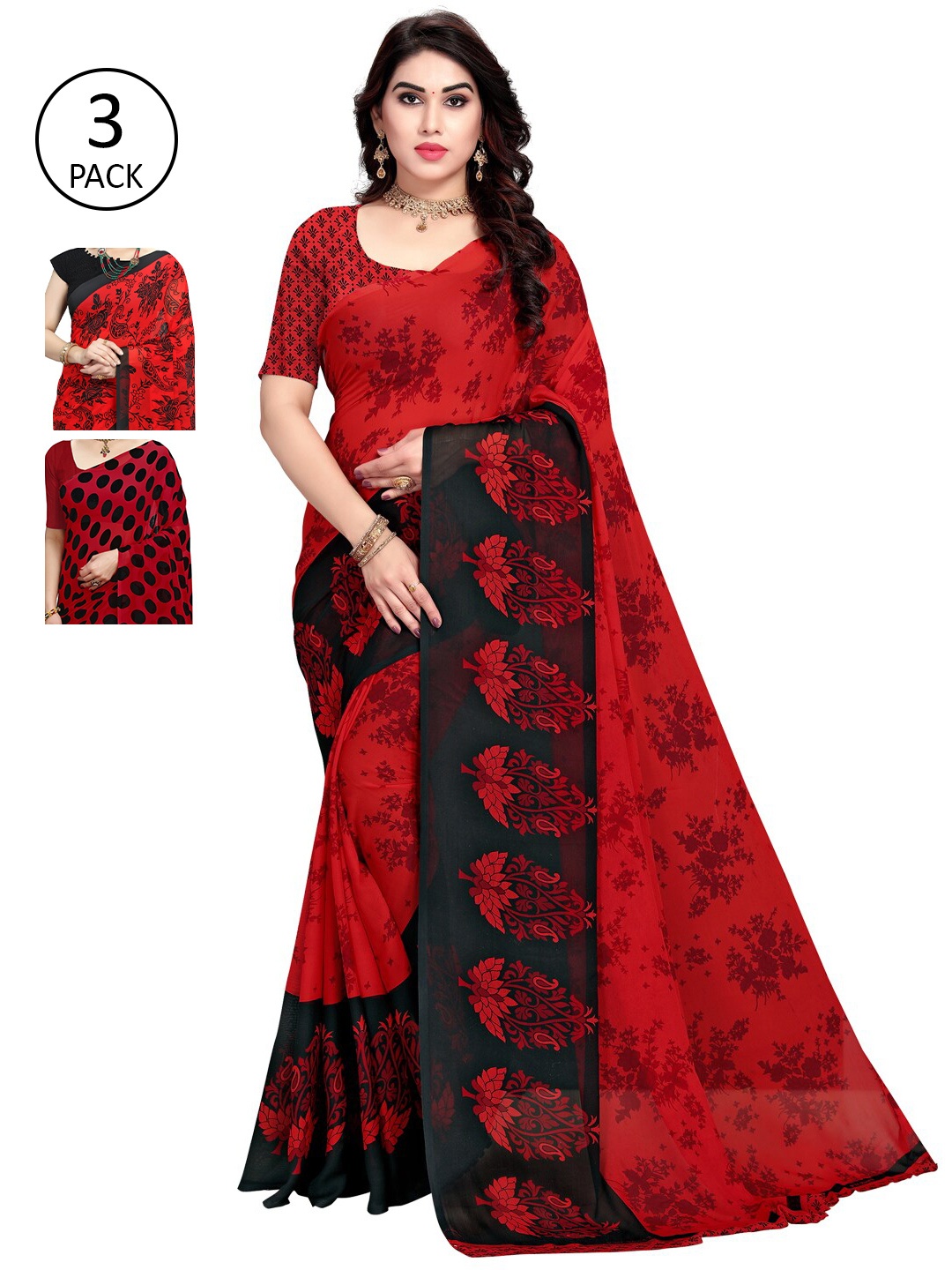 

KALINI Pack Of 3 Poly Georgette Sarees, Red