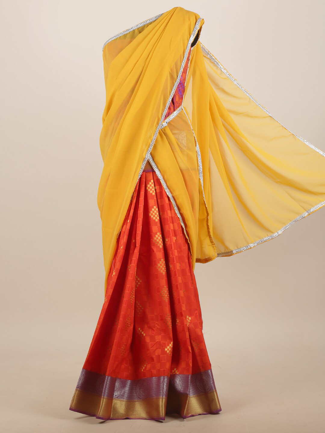 

Pothys Yellow & Orange Woven Design Zari Half and Half Saree