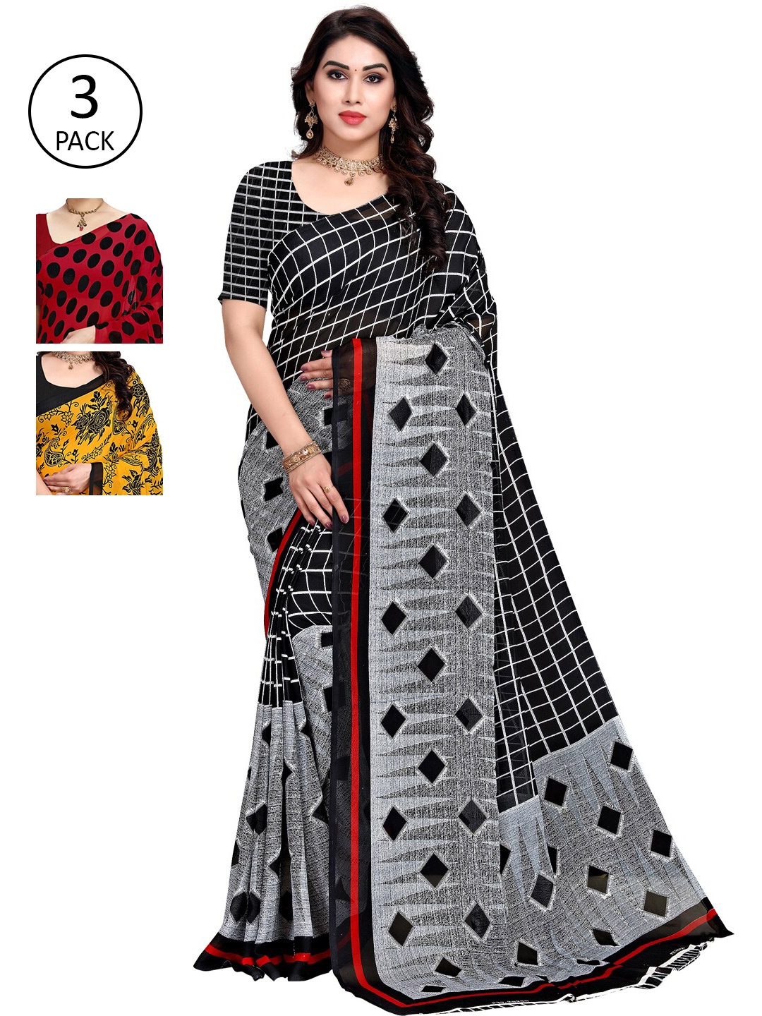 

KALINI Pack Of 3 Poly Georgette Sarees, Red