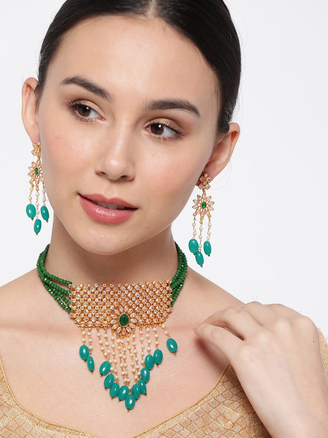 

Priyaasi Gold-Plated White & Green CZ & Emerald Studded Choker Jewellery Set