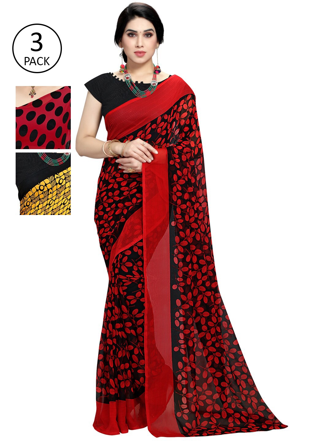 

KALINI Pack Of 3 Poly Georgette Printed Sarees, Red