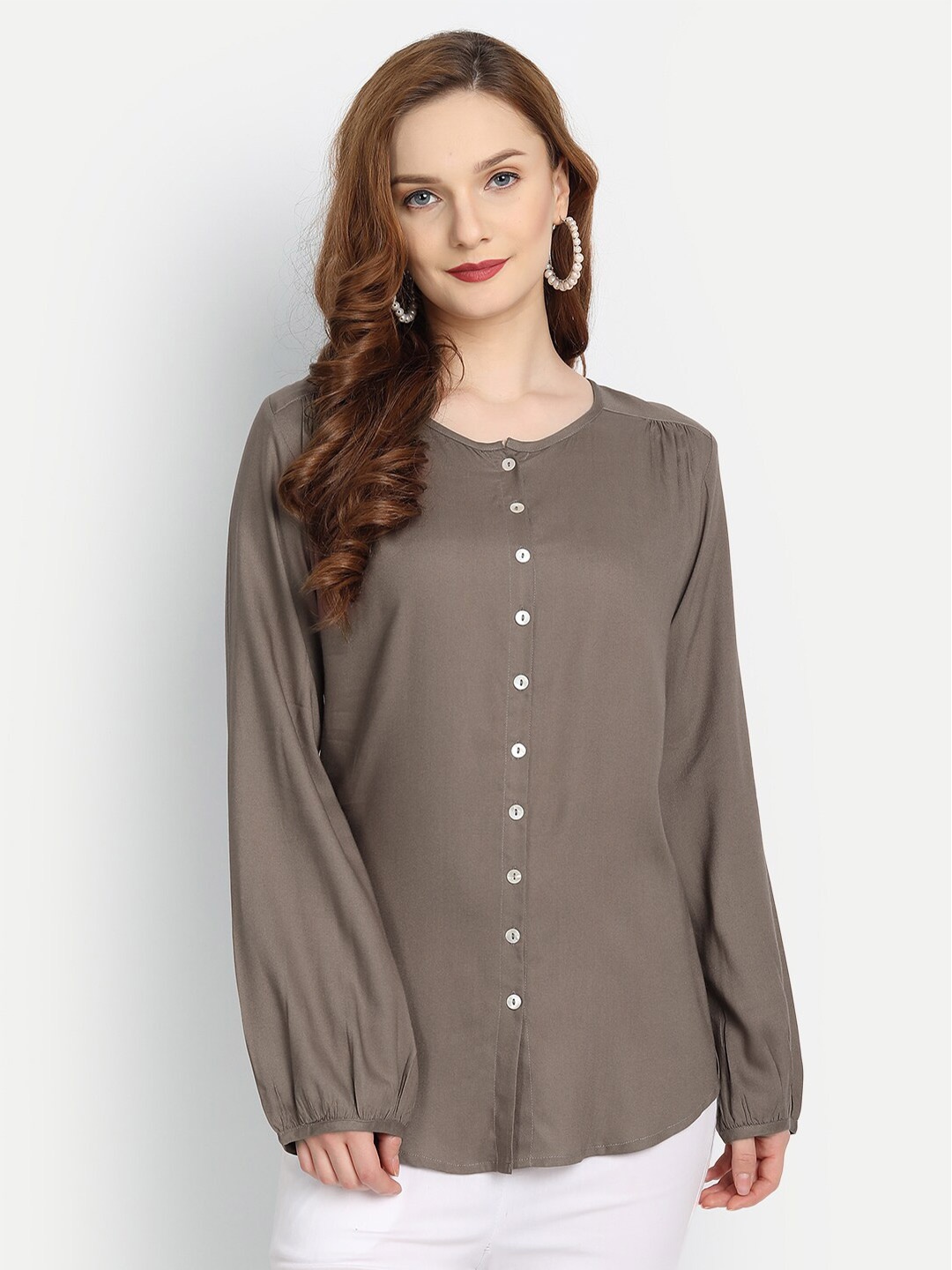 fabGLOBAL Women Brown Shirt Style Pure Cotton Top