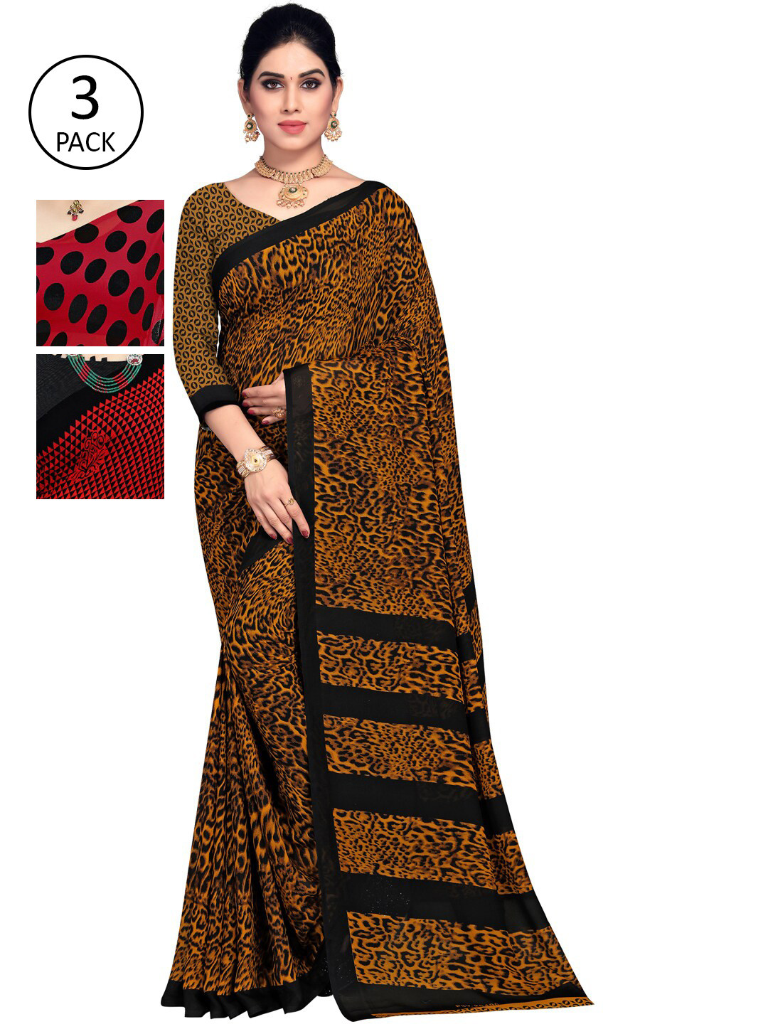 

KALINI Pack Of 3 Poly Georgette Printed Sarees, Red