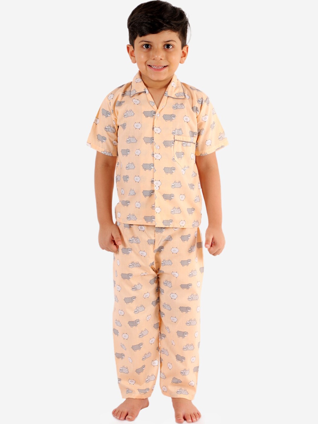 

KID1 Boys Peach & Grey Printed Night suit