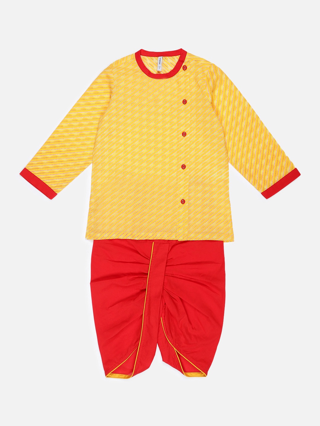 

Campana Boys Yellow Printed Angrakha Pure Cotton Kurta with Dhoti Pants