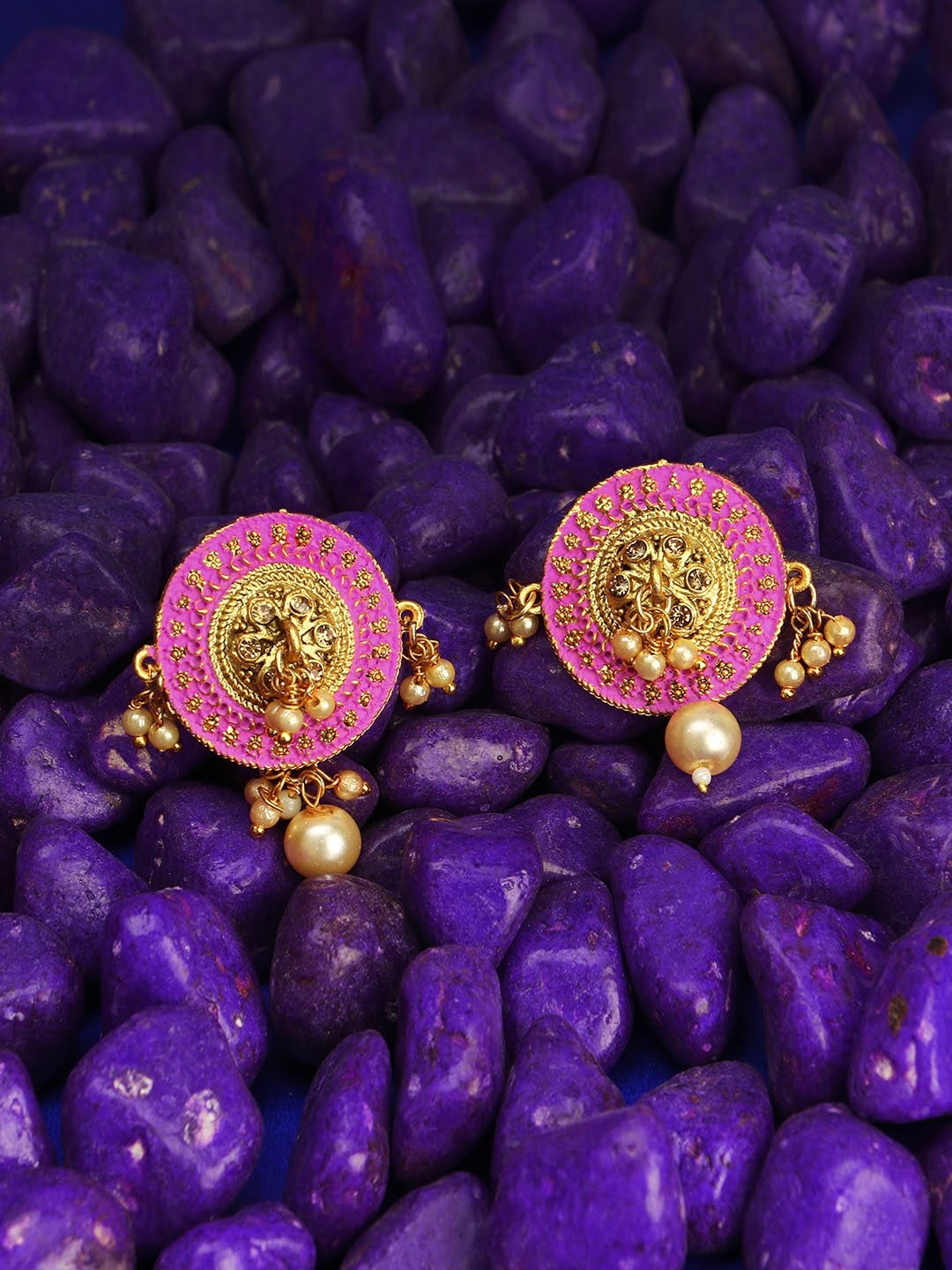 

Adwitiya Collection Gold-Plated Pink Contemporary Drop Earrings