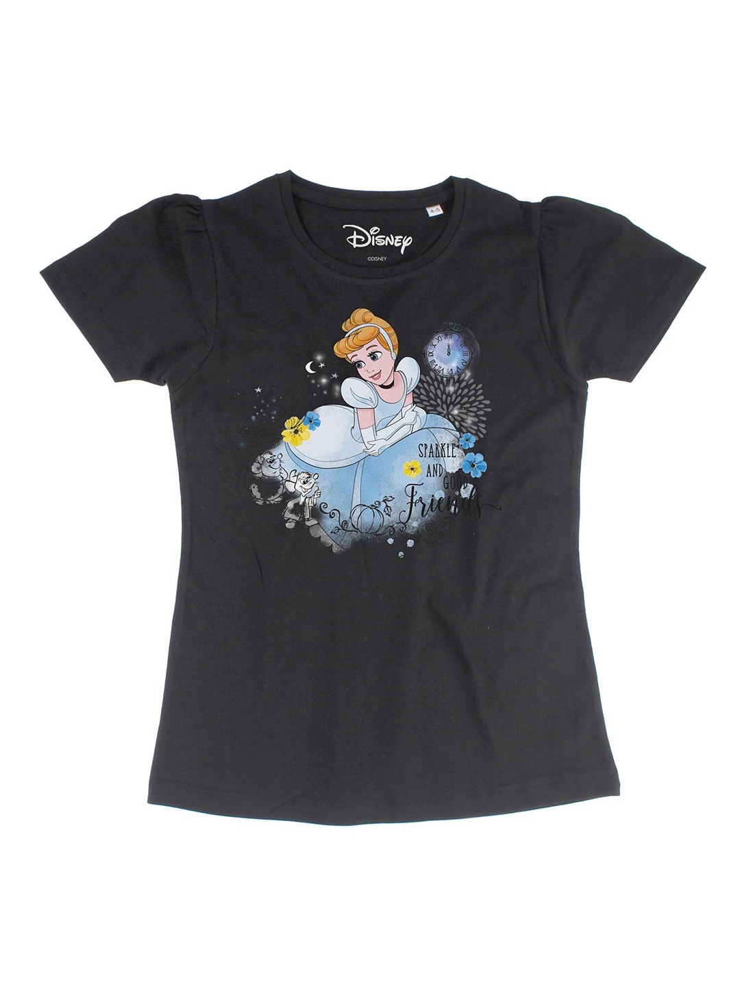 Disney by Wear Your Mind Girls Black Cinderella Printed Pure Cotton Top