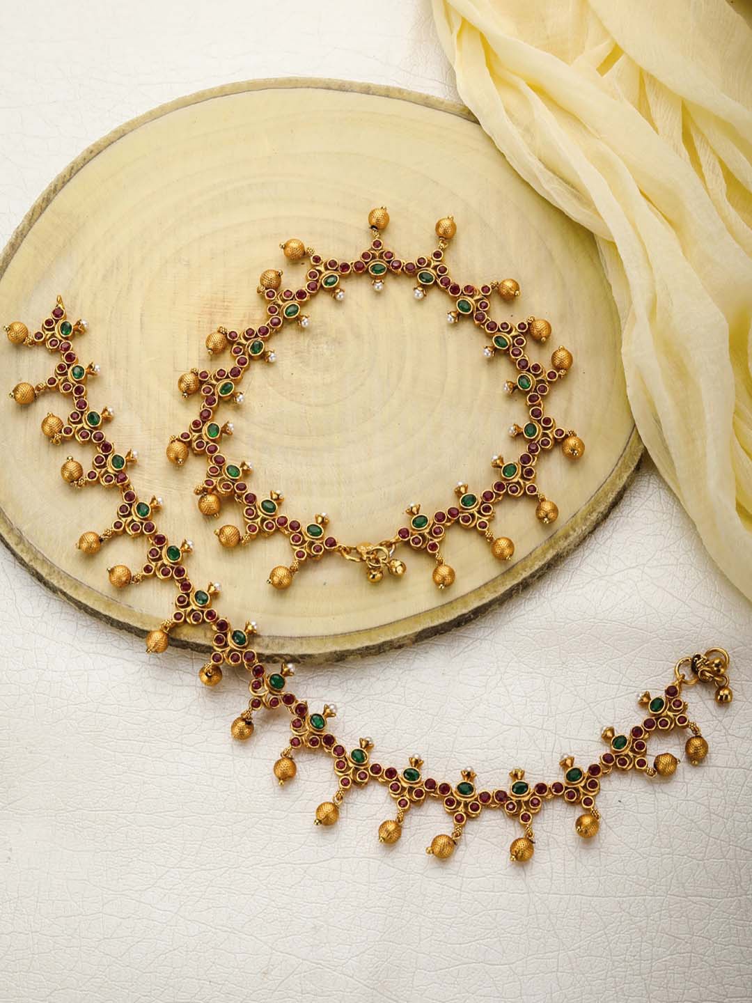 

Priyaasi Set Of 2 Gold-Plated Red & Green Ruby-Studded Pearl-Beaded Anklets