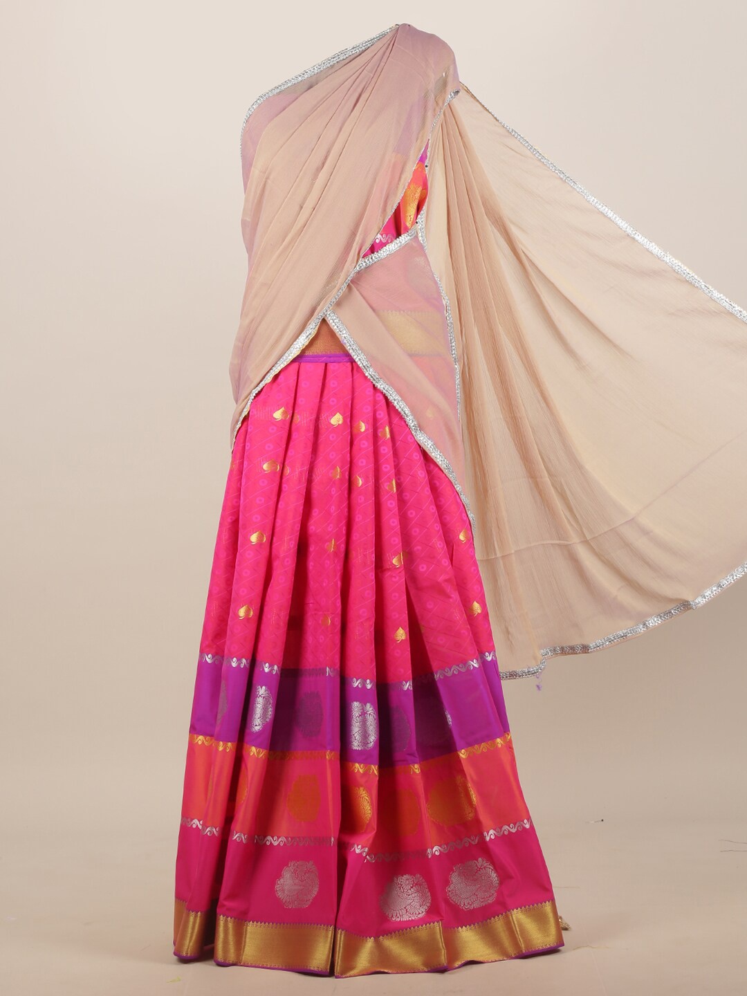

Pothys Cream & Pink Woven Design Zari Half and Half Saree