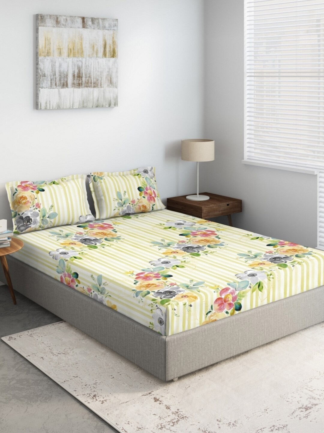 

DDecor Yellow & White Floral 140 TC Queen Bedsheet with 2 Pillow Covers