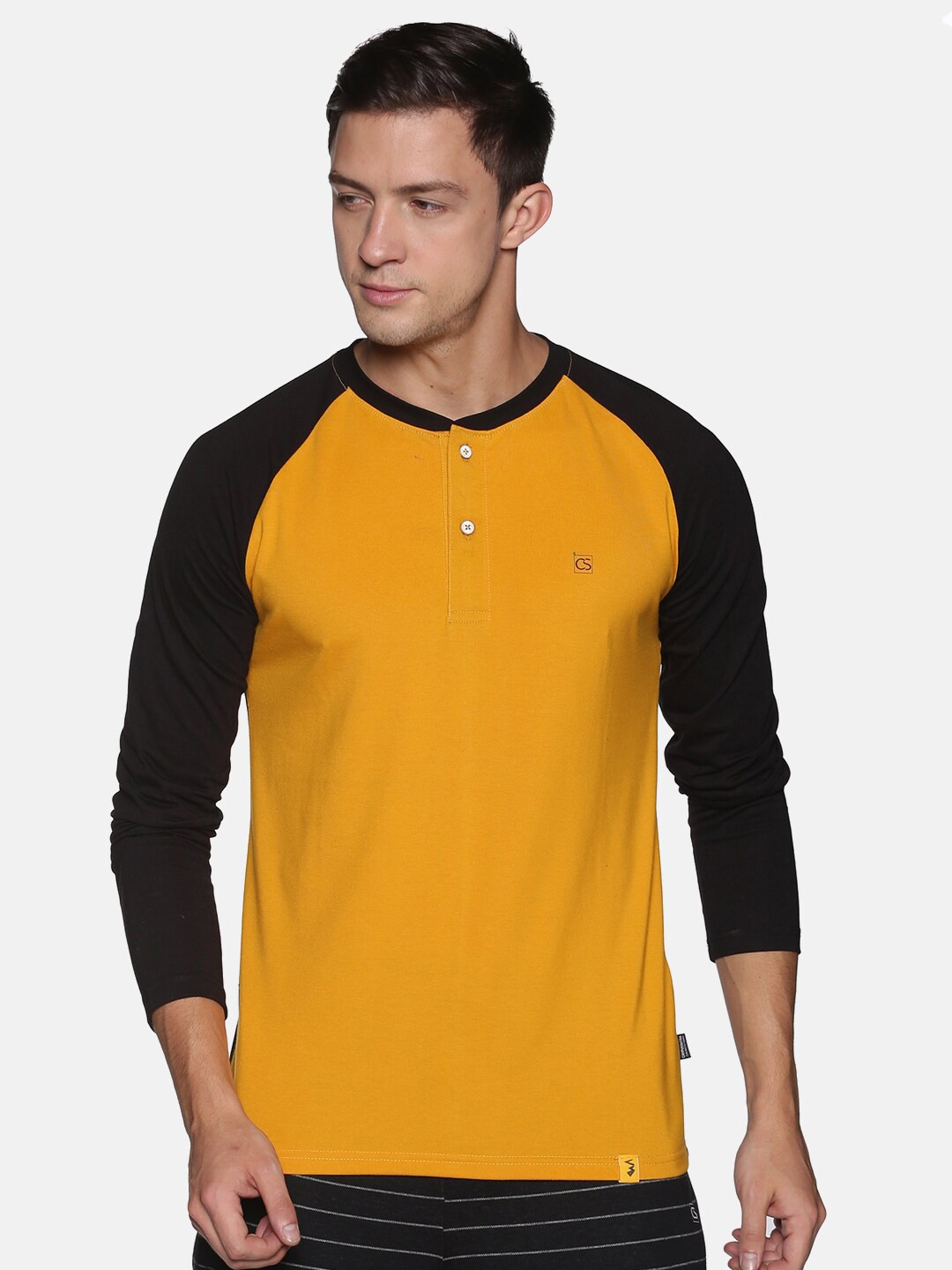

Campus Sutra Men Mustard Yellow & Black Printed Henley Neck Cotton T-shirt