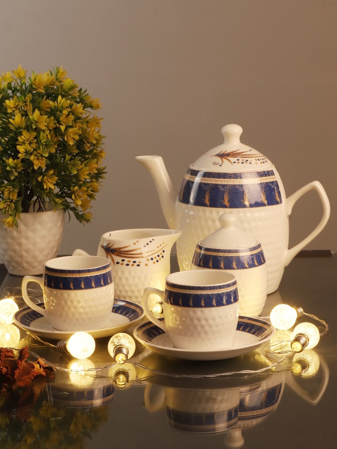 

CDI White & Blue Printed Bone China Glossy Kettle Set