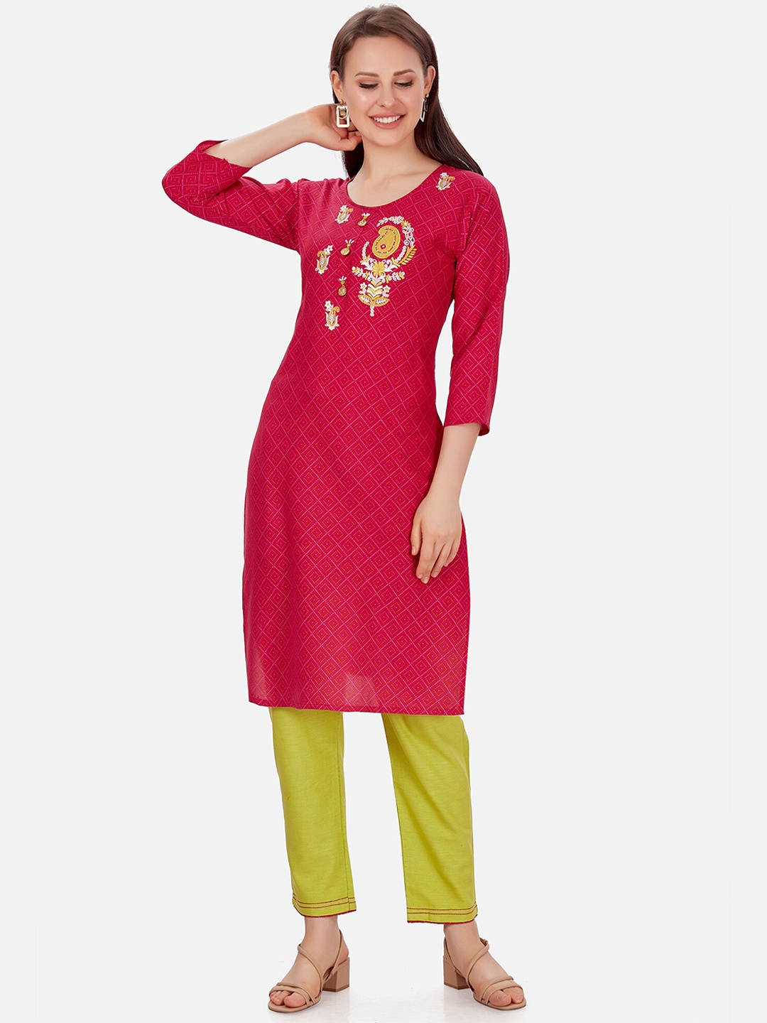 

Kiana Women Pink Embroidered Kurta with Trousers