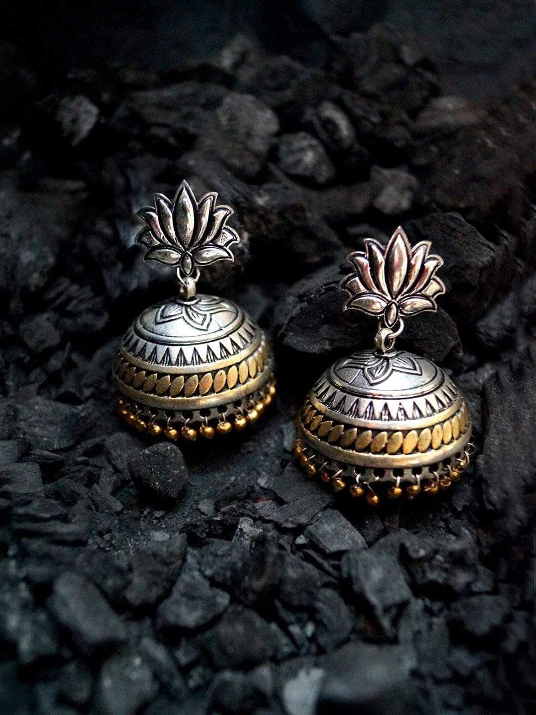 

Rubans Silver-Toned Floral Jhumkas Earrings