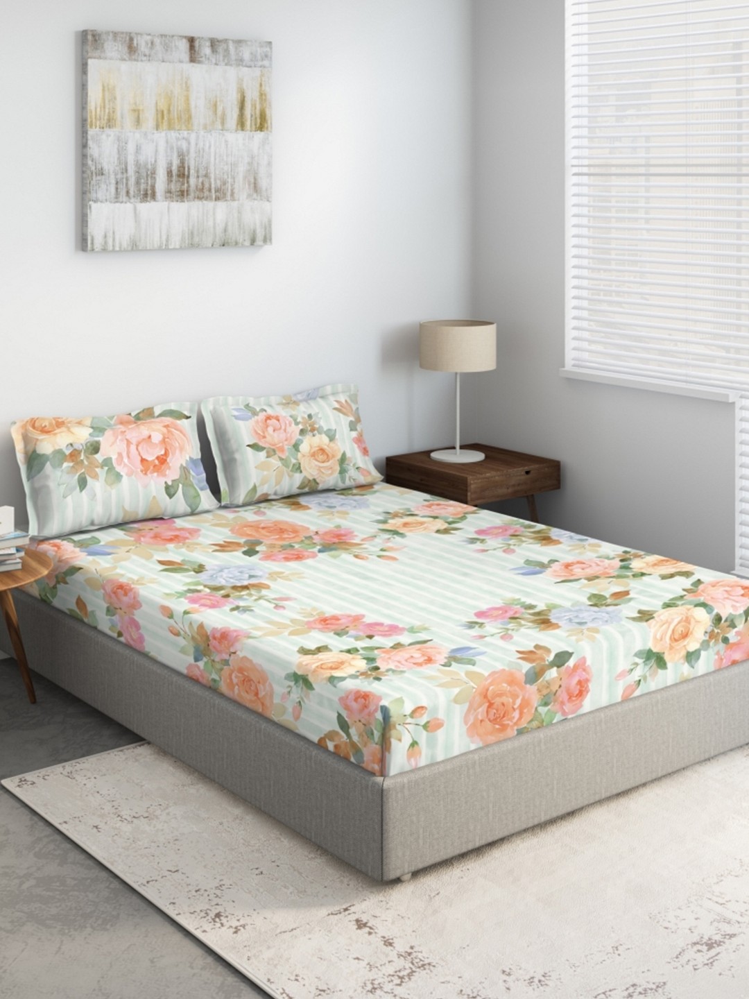 

DDecor Orange & Blue Floral 140 TC Queen Bedsheet with 2 Pillow Covers