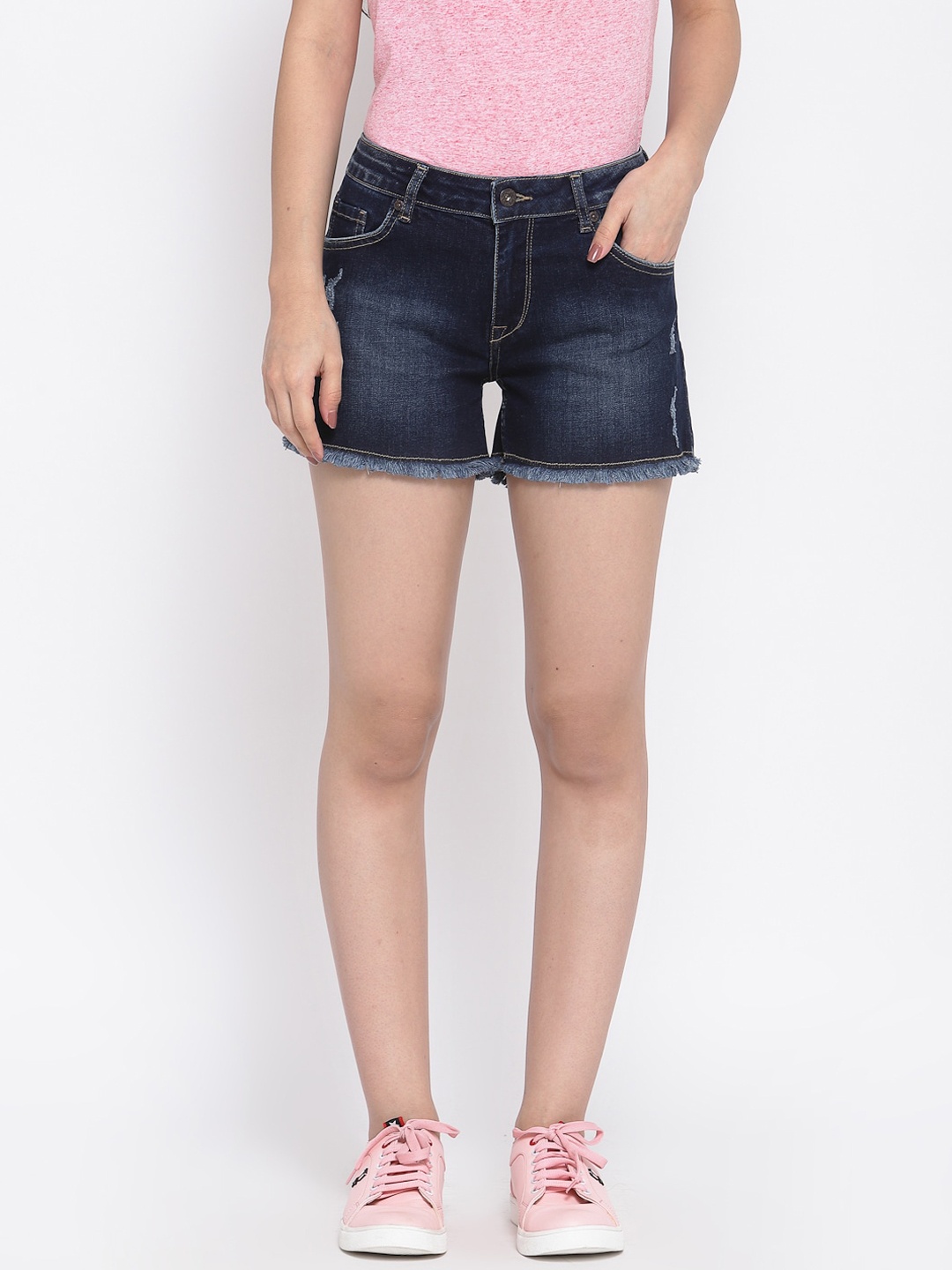 Pepe Jeans Women Blue Washed Mid-Rise Denim Shorts