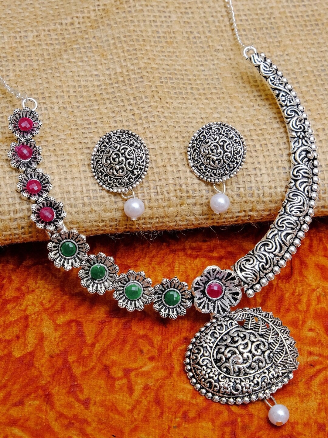 

Crunchy Fashion Oxidised Silver-Plated Green Stone-Studded Antique Jewellery Set