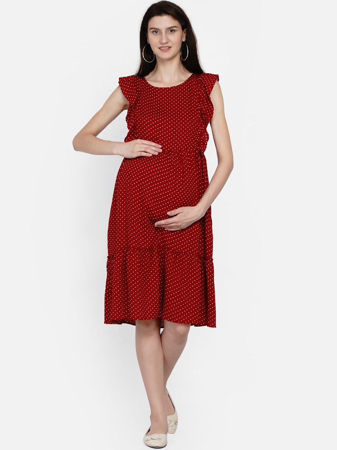 

Mine4Nine Red Polka Fit & flare Midi Rayon Maternity & Nursing Maternity Dress
