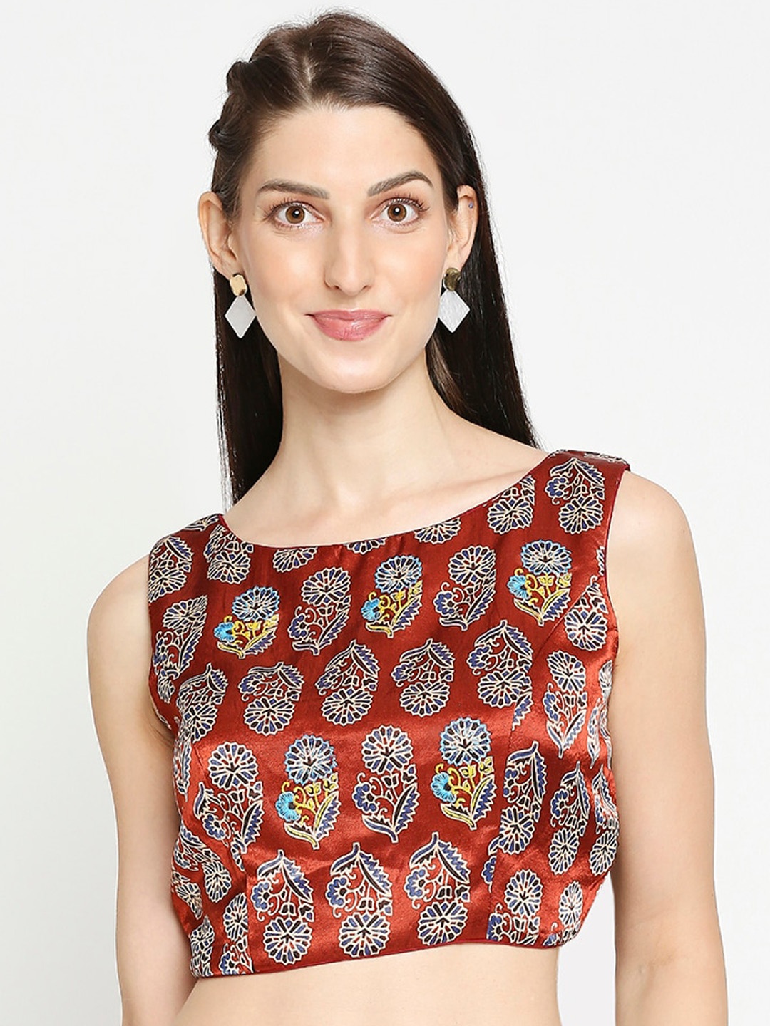 

SALWAR STUDIO Women Maroon Printed Readymade Modal Silk Saree Blouse