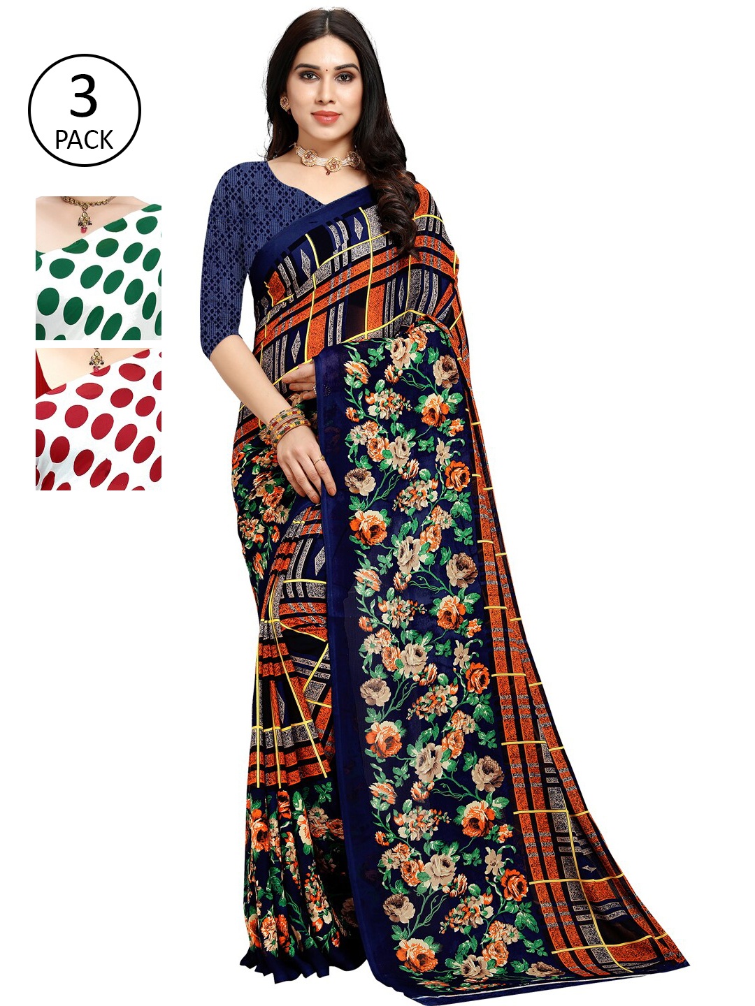 

KALINI Navy Blue & White Pack of 3 Printed Sarees