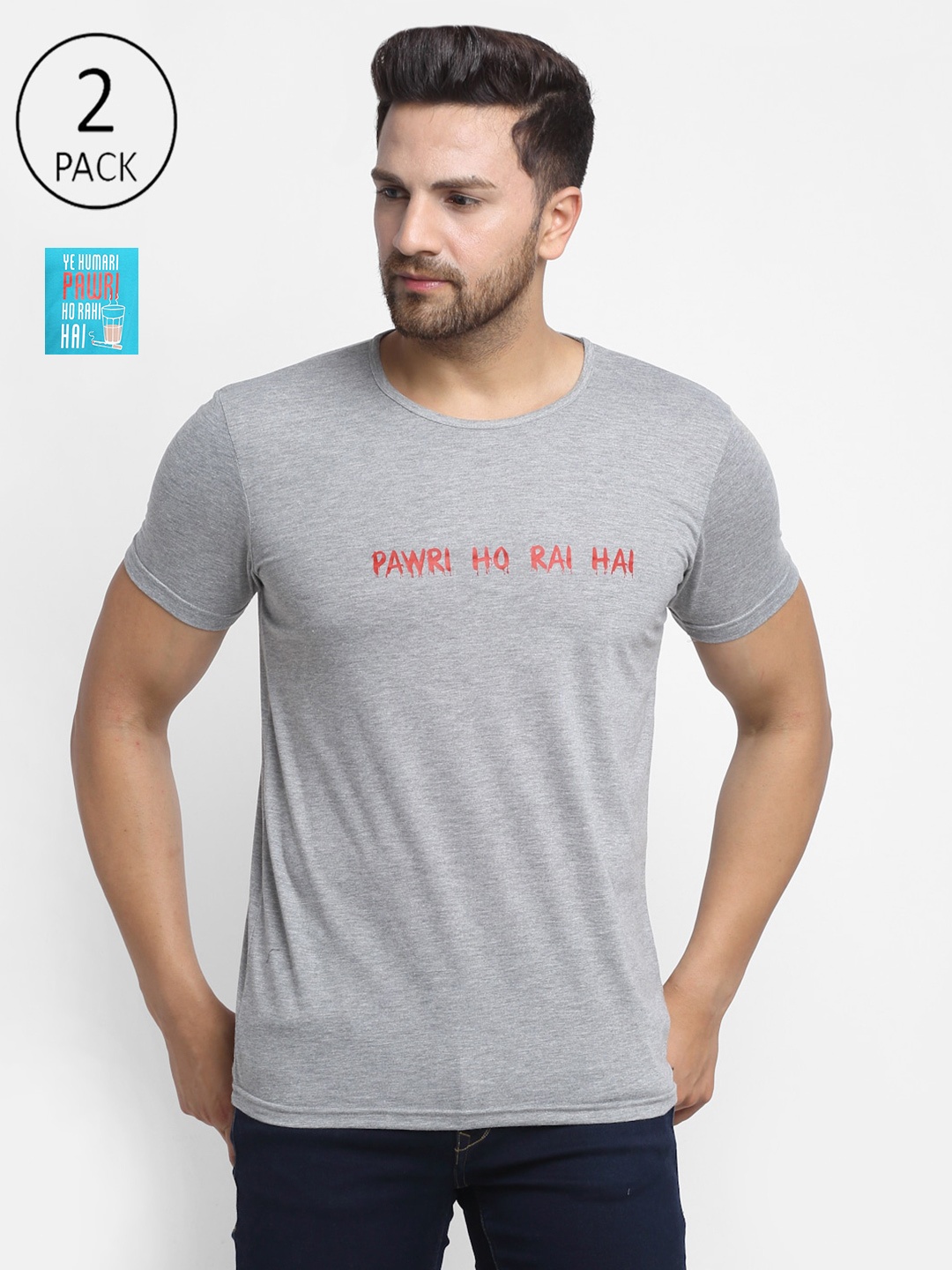 

MACK JONNEY Men Pack Of 2 Grey & Blue Typography T-shirt