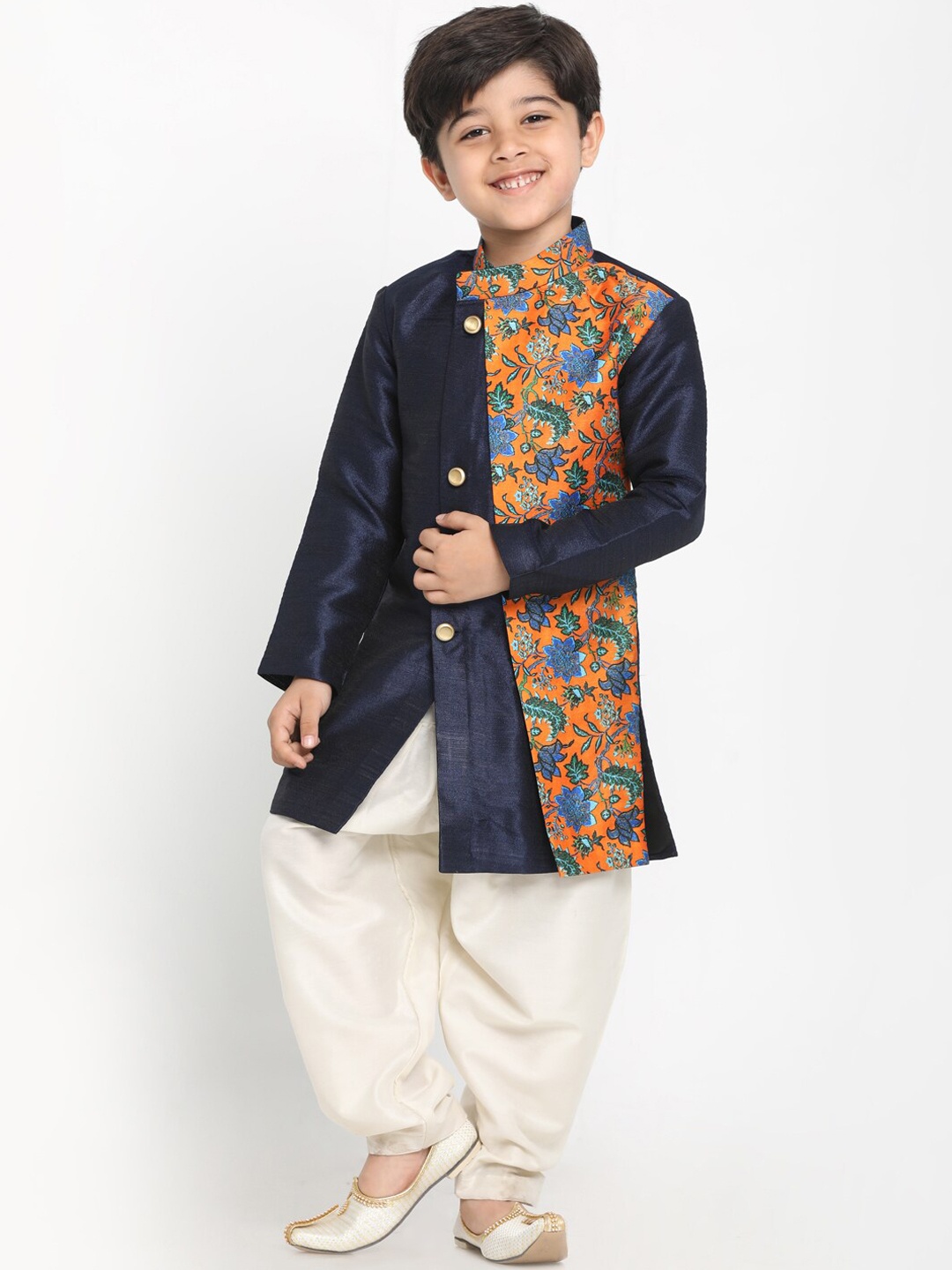 

VASTRAMAY Boys Navy-Blue & Orange Printed Sherwani With Dhoti Pants