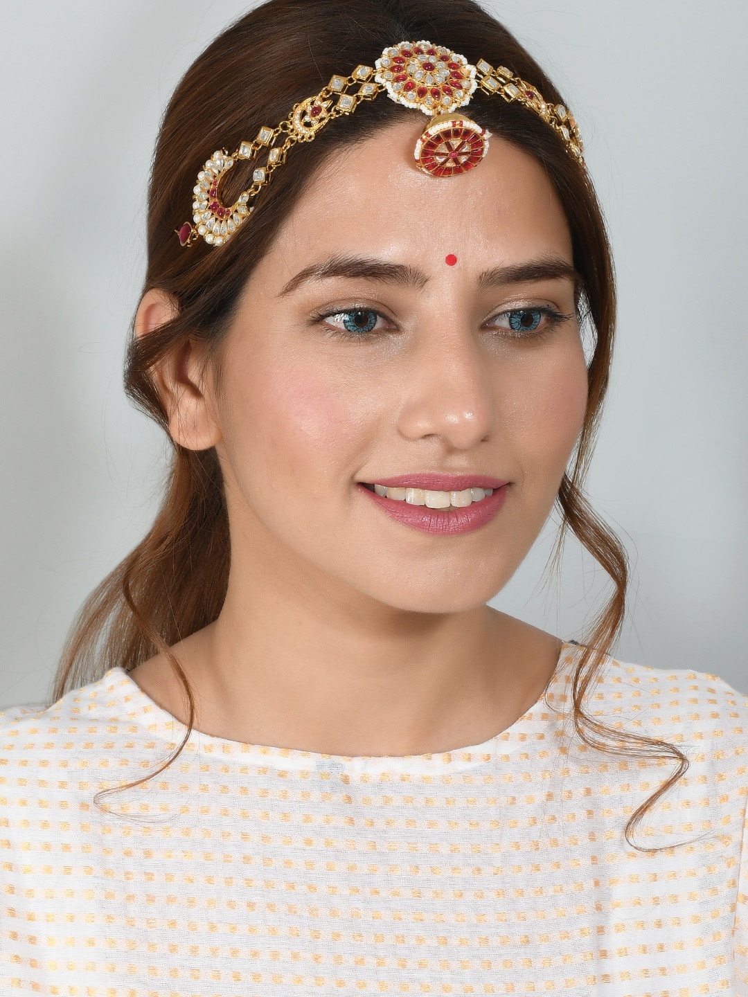 

Silvermerc Designs Gold-Plated Red & White Stone-Studded & Pearl-Beaded Matha Patti