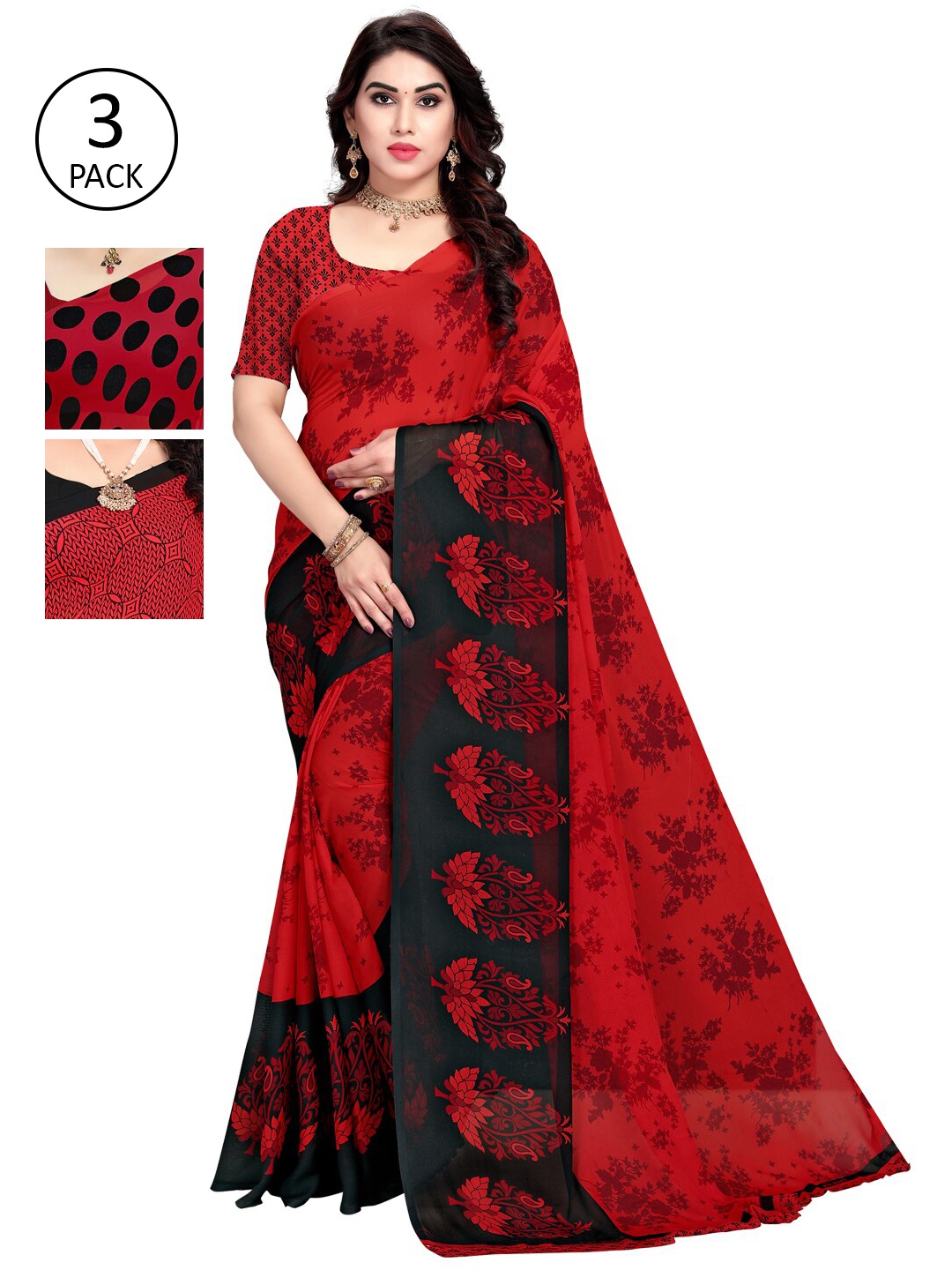 

KALINI Pack Of 3 Poly Georgette Sarees, Red