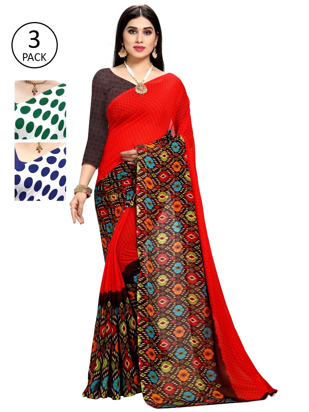 

KALINI Red & Green Pack of 3 Printed Sarees
