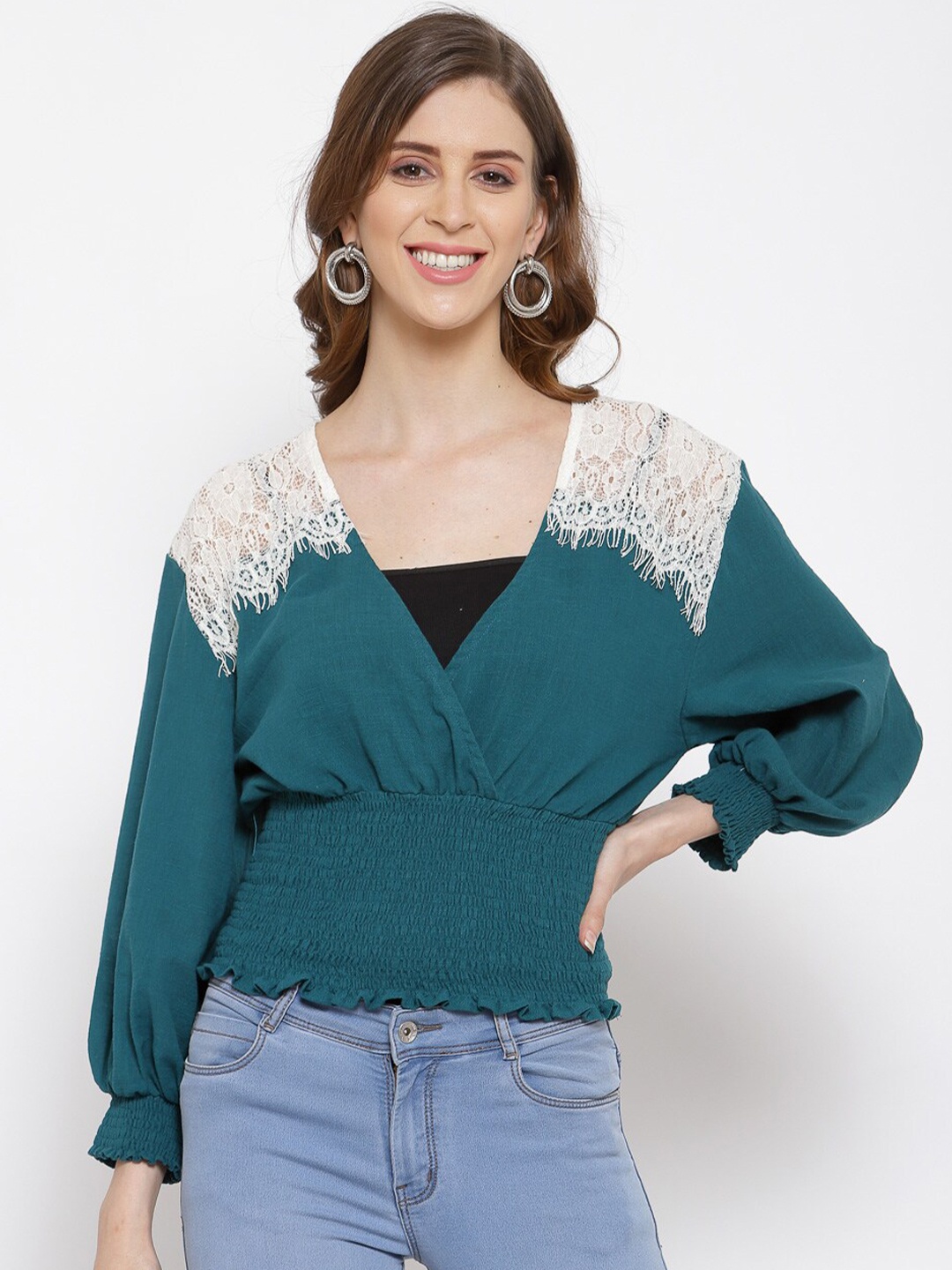 

SCOUP Teal & Off White Puff Sleeve Smocked Empire Top