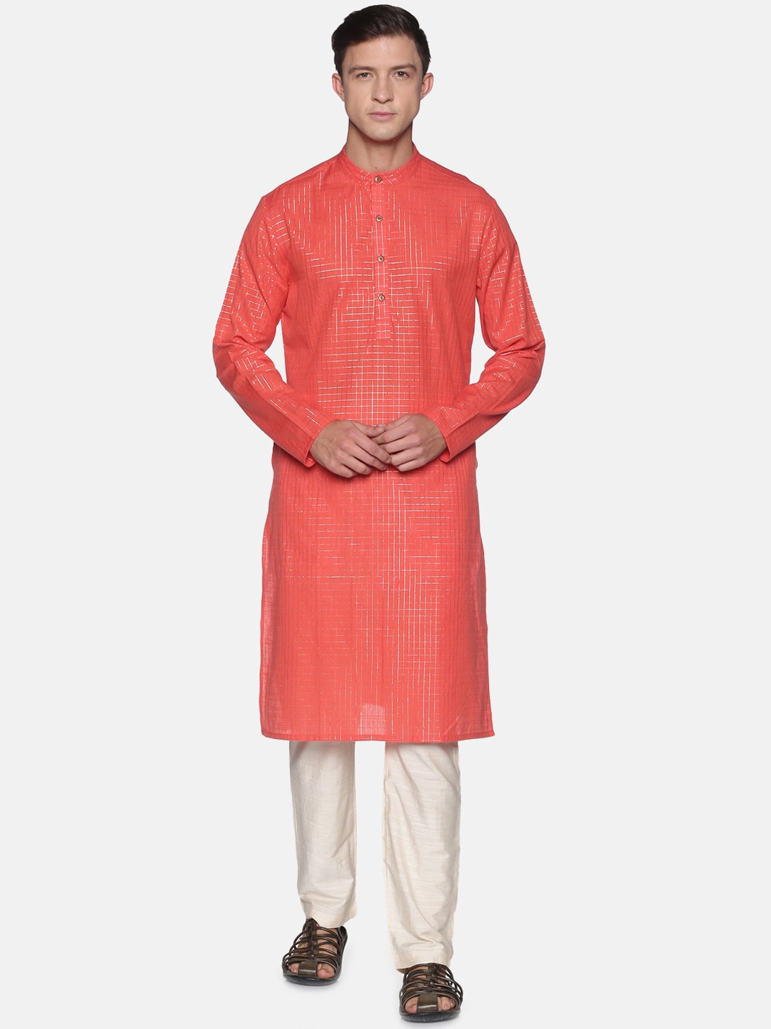 

Saffron Threads Men Coral & Silver-Toned Checked Kurta