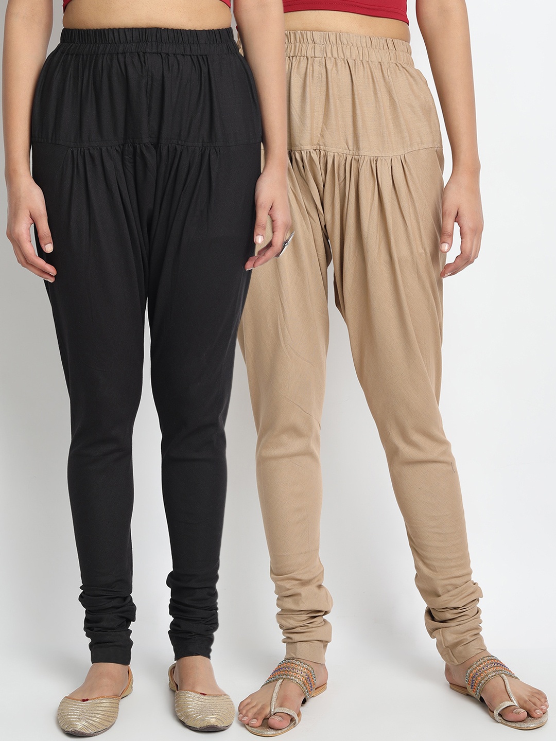 Molcha Women Pack Of 2 Solid Pure Cotton Loose-Fit Churidar, Beige