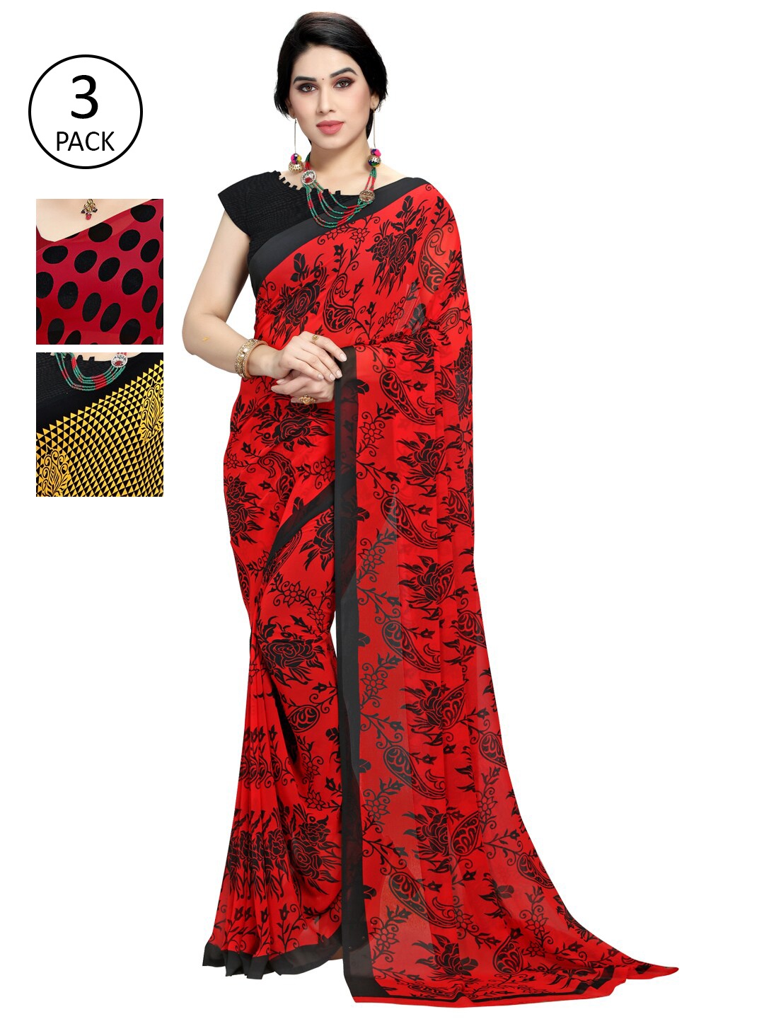 

KALINI Yellow & Red Pack of 3 Printed Sarees