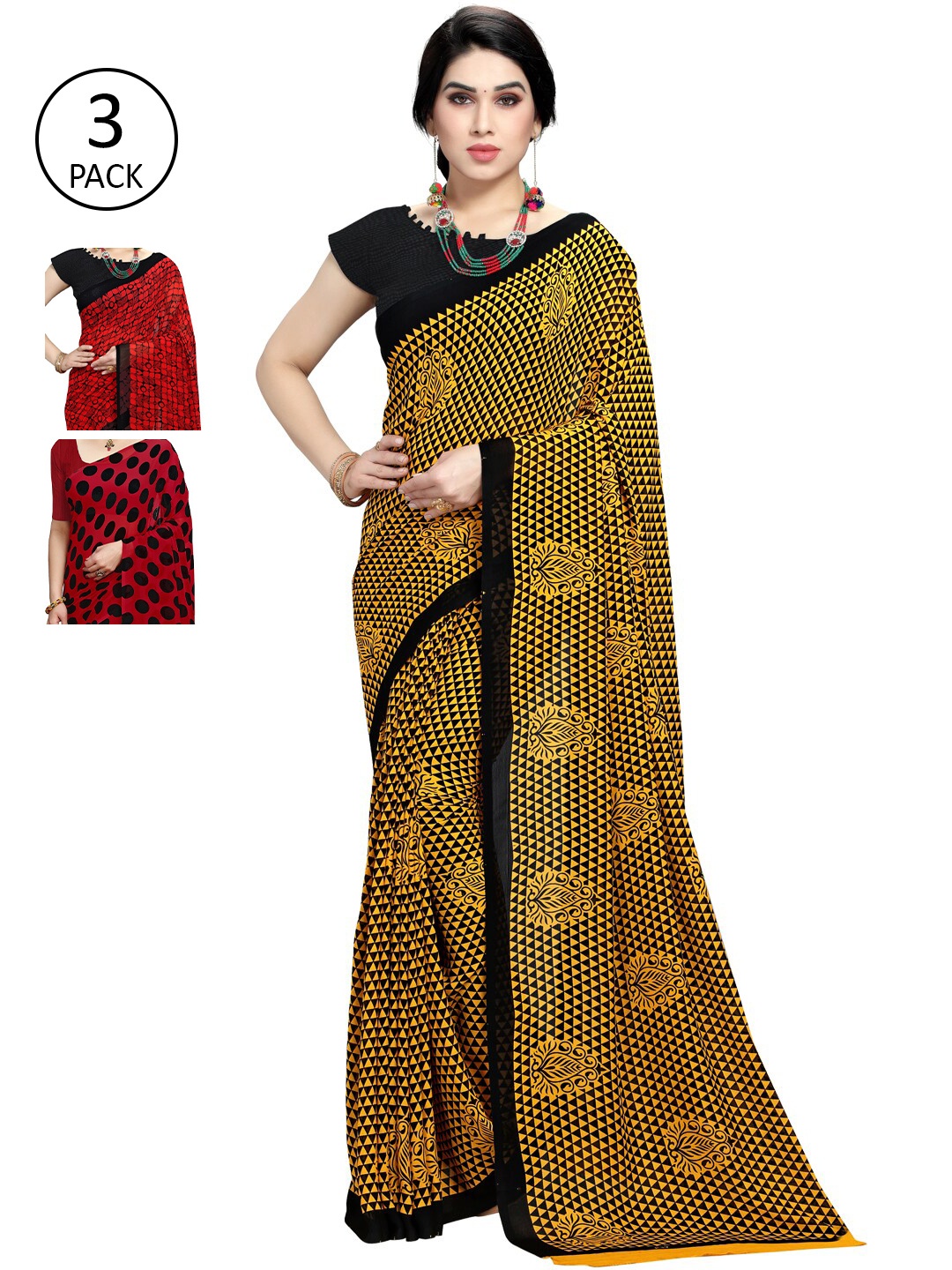 

KALINI Red & Black Pack of 3 Printed Sarees