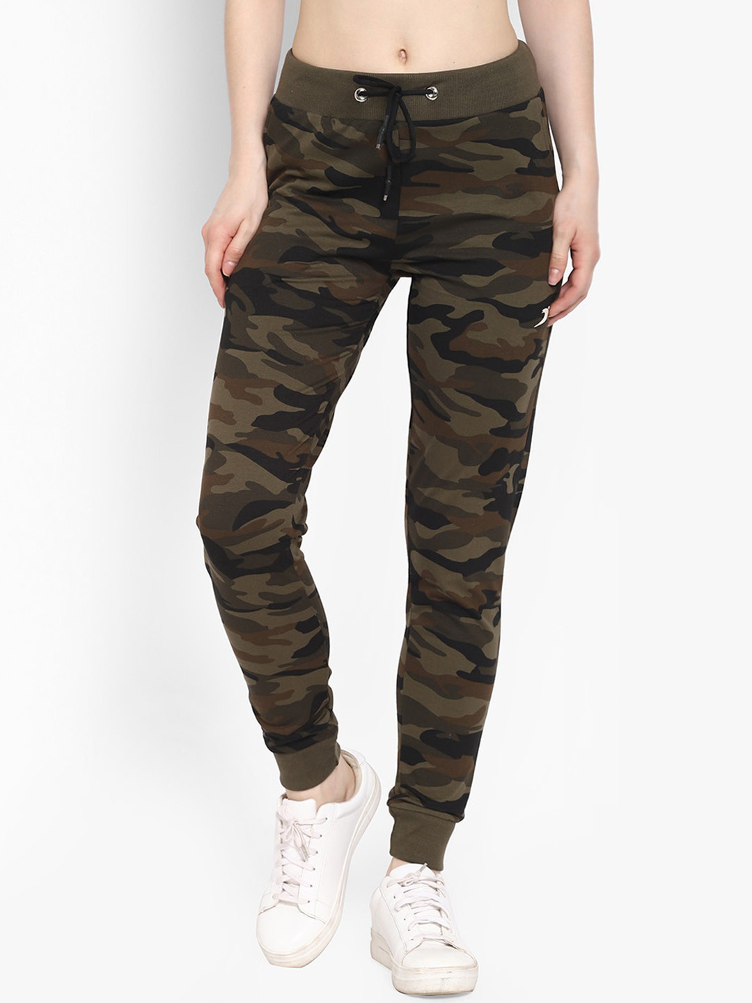 

SAPPER Women Olive Green & Brown Camouflage Printed Cotton Slim-Fit Joggers