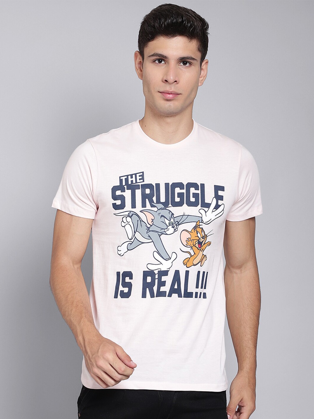Free Authority Men Peach-Coloured Tom Jerry Printed Cotton Pure Cotton T-shirt