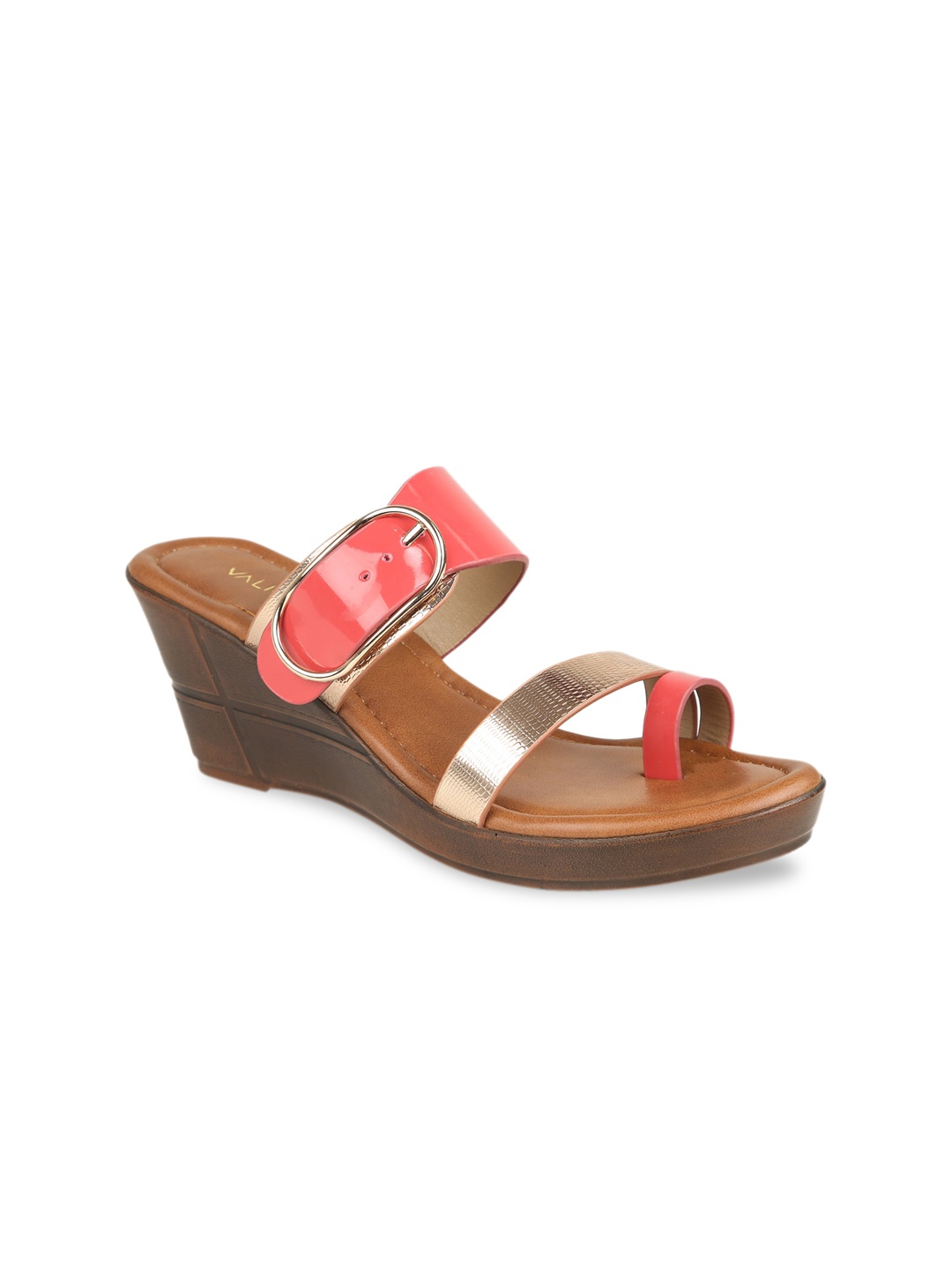 

VALIOSAA Coral Red & Gold-Toned Colourblocked Wedge Heels