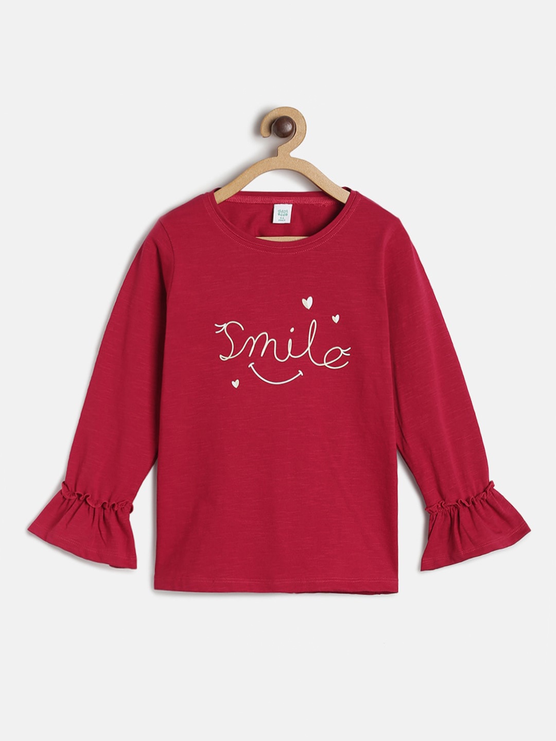 

MINI KLUB Red Typography Printed Bell Sleeve Pure Cotton Regular Top