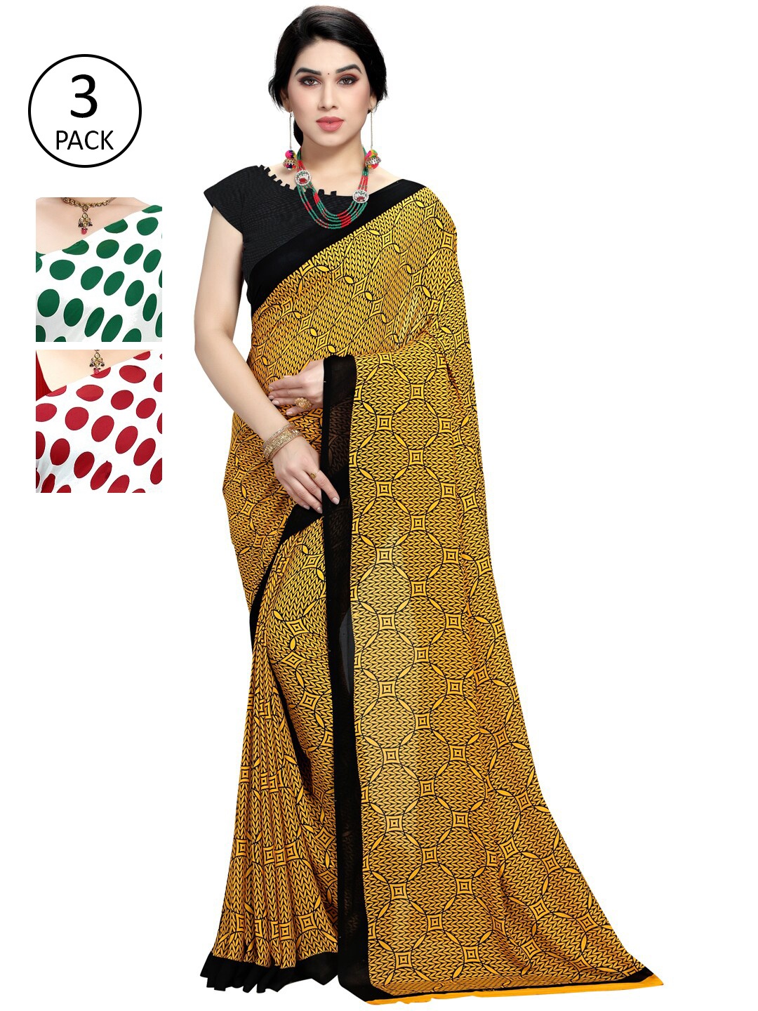 

KALINI Red & Green Pack of 3 Printed Sarees