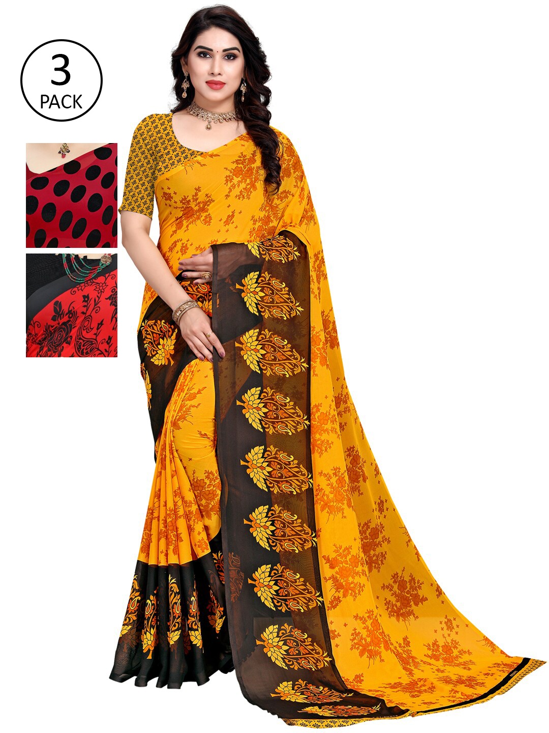 

KALINI Red & Black Pack of 3 Printed Sarees