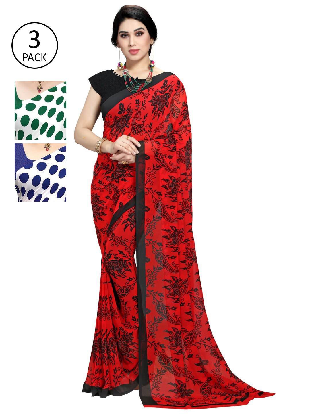 

KALINI Pack Of 3 Poly Georgette Printed Sarees, White