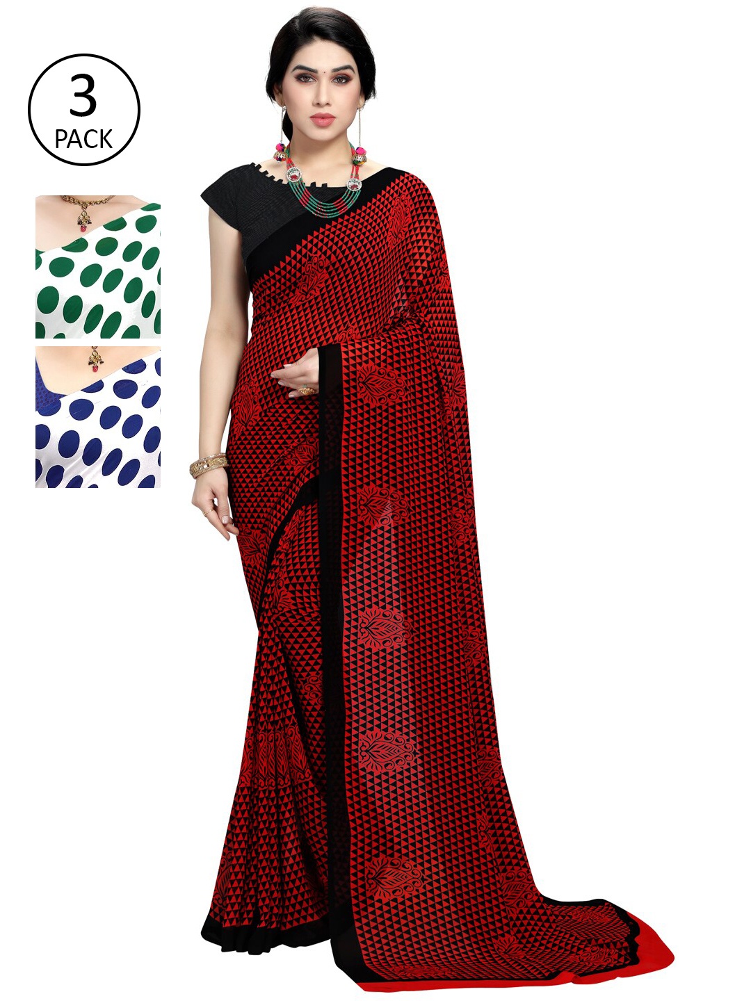 

KALINI Pack Of 3 Poly Georgette Printed Sarees, Red