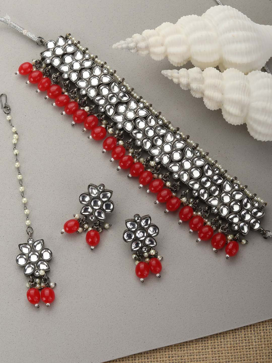 

Priyaasi Silver-Plated Red Pearls Kundan-Studded Jewellery Set