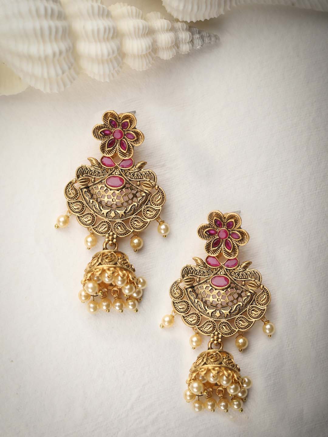 

Priyaasi Gold-Plated Ruby & Beads Studded Handcrafted Floral Shaped Jhumkas Earrings