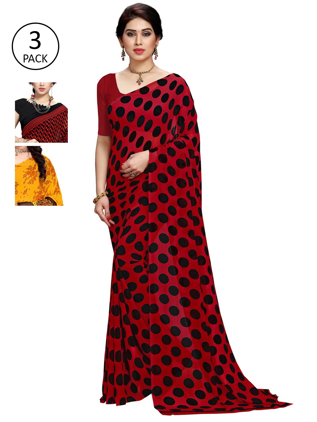 

KALINI Red & Black Pack of 3 Printed Sarees