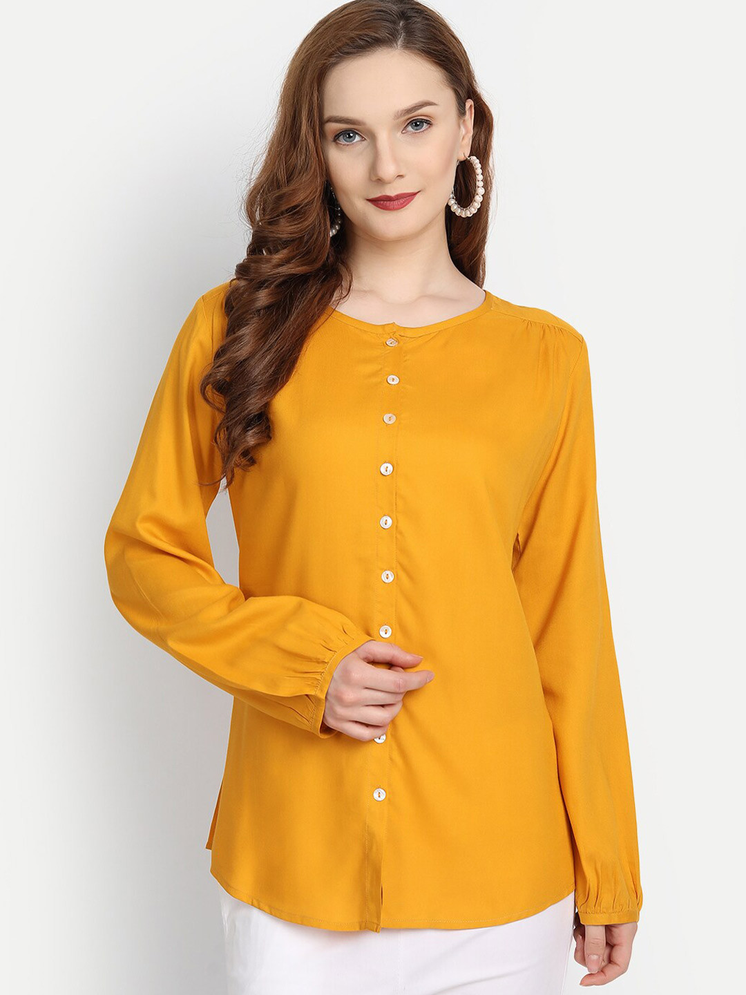 

fabGLOBAL Mustard Yellow Puff Sleeve Regular Top