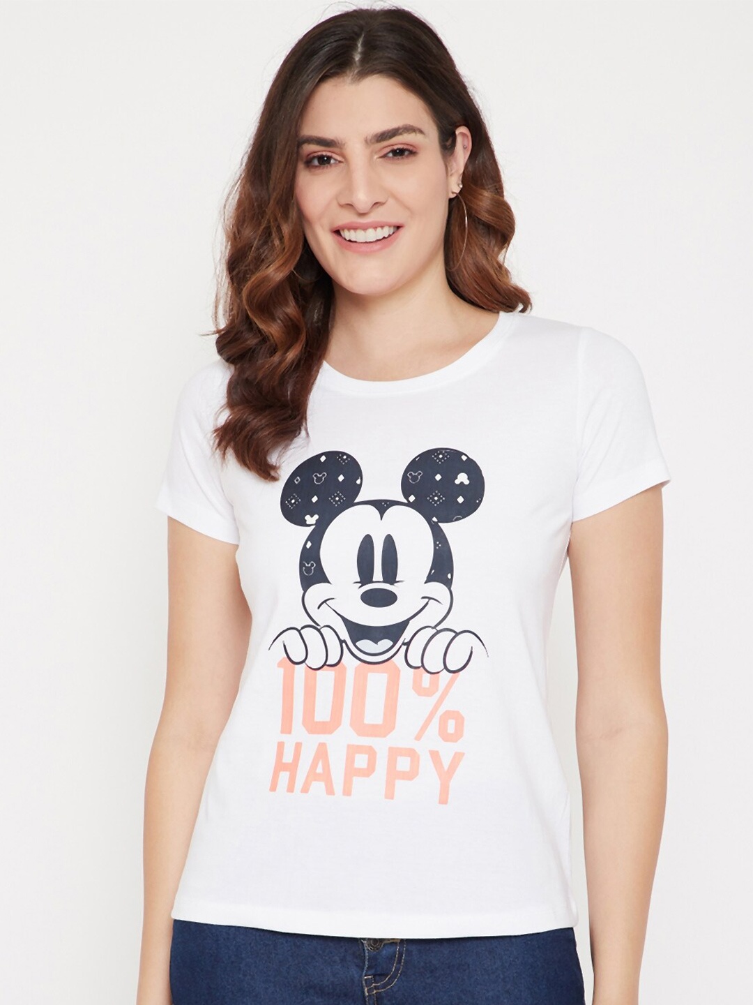 

Disney by Wear Your Mind Women White Mickey Mouse Printed Cotton T-shirt